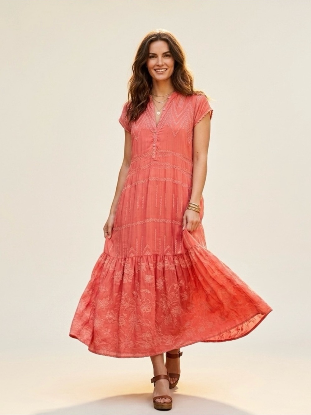 NWT Johnny Was Aria Paityn Embroidered Rayon Maxi Dress Coral Pink Boho Size XS